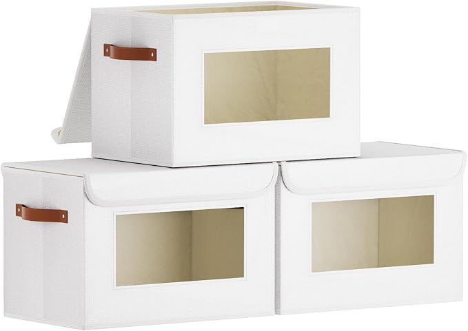 Storage Box for Shelves,White Basket,13x9.1x7.9 In,3Pack | Sturdy Storage Baskets with Lids,Shelf Boxes with Handles and Window,Fabric Closet Containers,Decorative Drawer Bins for room