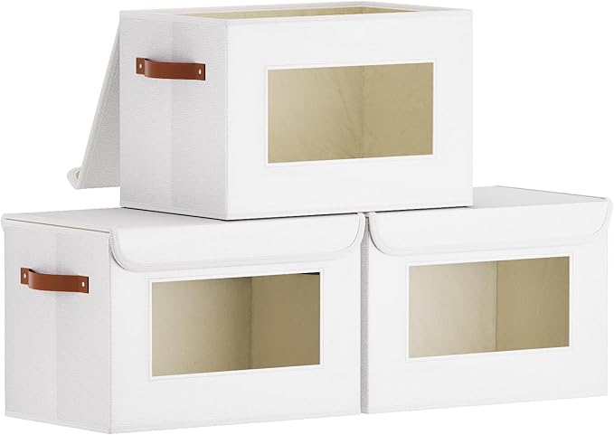 Storage Box for Shelves,White Basket,15x9.8x9.8 In,3Pack | Sturdy Storage Baskets with Lids,Shelf Boxes with Handles and Window,Fabric Closet Containers,Decorative Drawer Bins for room