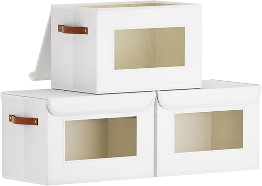 Storage Box for Shelves,White Basket,15x9.8x9.8 In,3Pack | Sturdy Storage Baskets with Lids,Shelf Boxes with Handles and Window,Fabric Closet Containers,Decorative Drawer Bins for room
