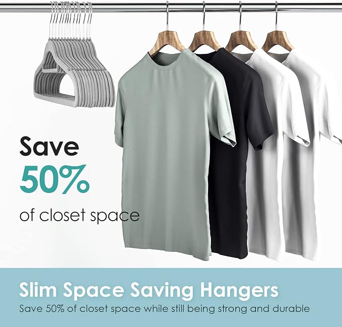 DUDUCOFU Velvet Hangers Non Slip Felt Hangers, 50 Pack Grey Velvet Clothes Hangers Space Saving Slim with 360 Degree Swivel Hook for Suits Coats, Jackets, Pants, and Dress Clothes
