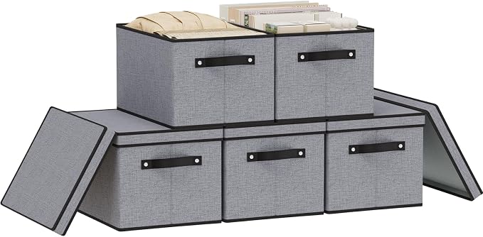 Storage Bins with Lid,Gray Baskets,16.5x11.8x10.2 In,5-Pack | Clothing Storage Boxes for Shoes Towels Books,Closet Organizers with Handles and PP Plastic Board,Fabric Cubes for Organizing