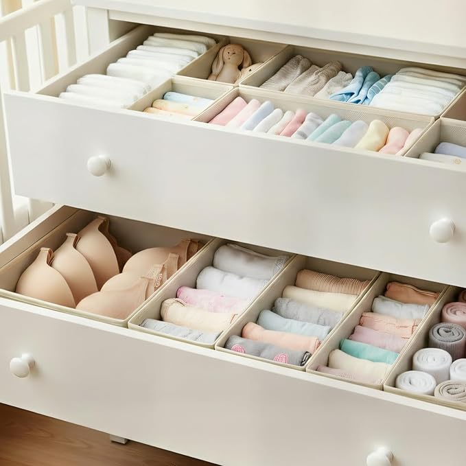 Drawer Organizer Set 6 Pack - Foldable 11" Fabric Storage Bins with Zipper Bottom for Underwear Socks Bras Baby Clothes - Closet Dresser Dividers for Bedroom Nursery, Khaki