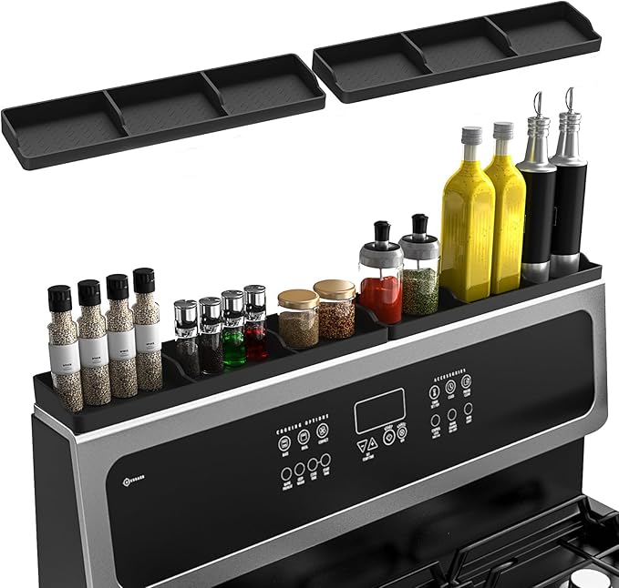 30 Inch Silicone Stove Top Shelf Magnetic for Kitchen, Strong Magnetic Heat Resistant Spice Rack Organizer for Over Stove Oven (Black-two part)