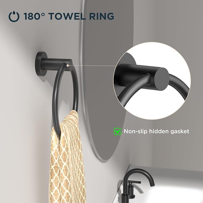 FORIOUS 4 Piece Bathroom Accessories, SUS304 Stainless Steel Toilet Paper Holder, Towel Ring and 2 Towel Hooks, Wall Mounted Bathroom Hardware Set (Matte Black)