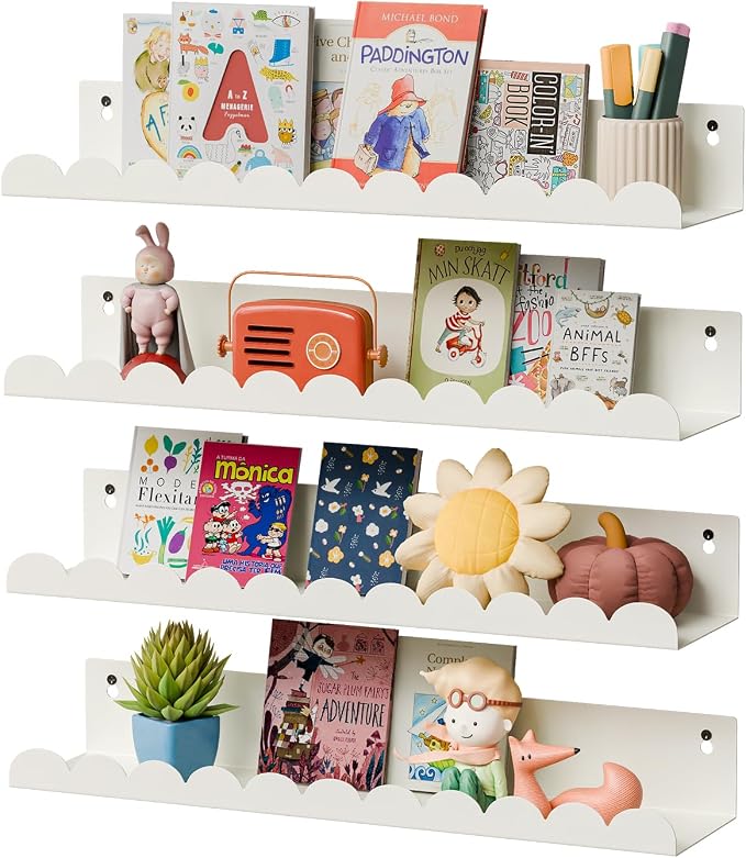 Nursery Book Shelves,Kids Bookshelf and Toy Storage,17 Inch Metal Floating Shelves Set of 4,Wall Shelves for Bedroom, Kids Room,Bathroom,Kitchen,Playroom Decor,Nursery Decor (White Metal, 17 inch)