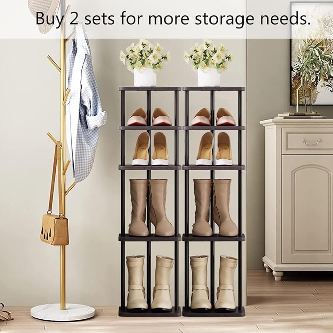 SORCEDAS 5 Tiers Vertical Shoe Rack Wooden Shoe Storage Organizer for Space Saving Narrow Shoe Shelf Storage 5 Pairs for Entryway Living Room Bedroom(Black + Rustic Dark Brown)