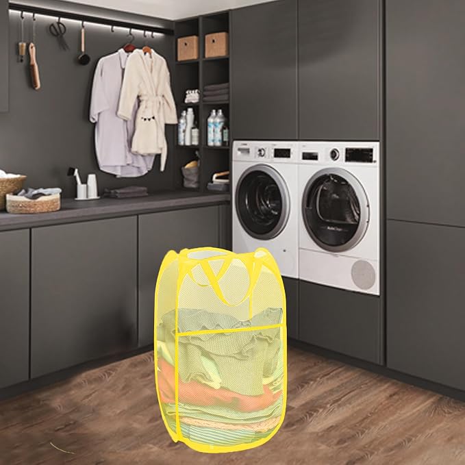 Pop Up Laundry Basket Mesh Collapsible Laundry Basket Foldable Popup Hamper for Bedroom, Dorms, Travel, Cruise, Yellow