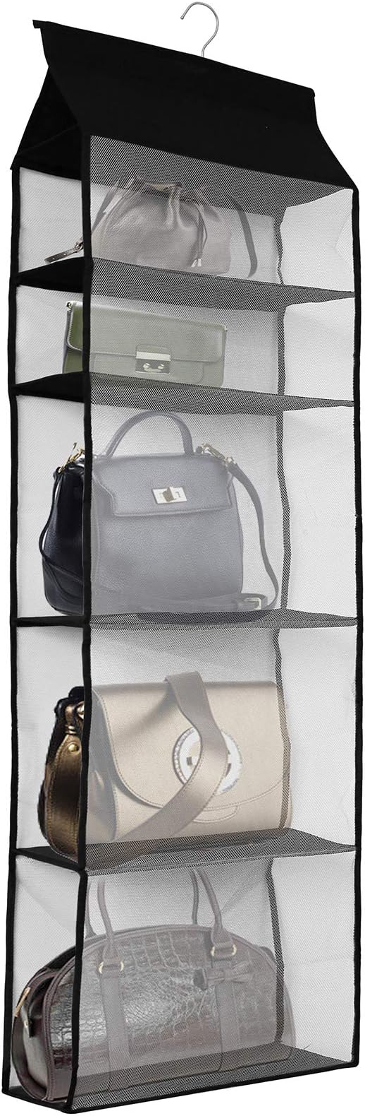 Improved Closet Handbag Purse Holder with 5 Large Heavy-Duty Mesh Shelves, Space Saving Hanging Handbag Storage Tote Bag Organizer Holder for Wardrobe Closet(Black)