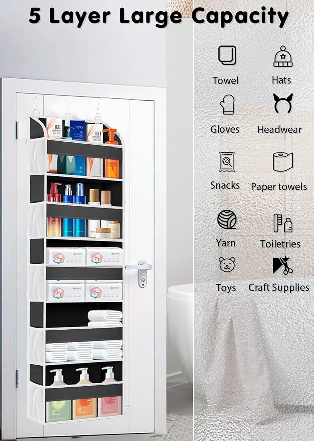 TAHAVICE Over the Door Organizer Storage, 5 Large & 10 Mesh Pockets | Hanging Organizer Closet College Dorm Essentials for Girls, Storage for Dorm Organization, Nursery & Bedroom (Dark Grey)