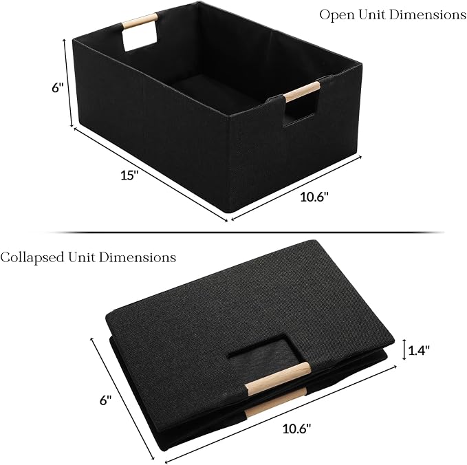 ZOOFOX Set of 2 Black Storage Baskets, Closet Storage Bins with Wooden Handles, Foldable Rectangular Storage Baskets for Shelves, Closets, Home, Office