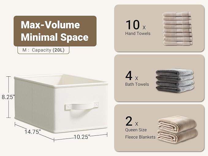 LayerSpace Fabric Storage Bins | Closet Bin Shelf Organizer Shelf Basket | Collapsible Linen Closet Organizer Storage Cube | 14¾"L x 10¼"W x 8¼"H | Storage for Clothes | White & Ivory 3 Pack