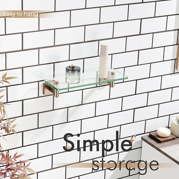 KOKOSIRI Wall Shelves Bathroom Hardware Glass Floating Shelf Small Hanging Rack Storage/Room Decor 12-Inch Champagne Bronze 2 Pack B1105CPG-L12-P2