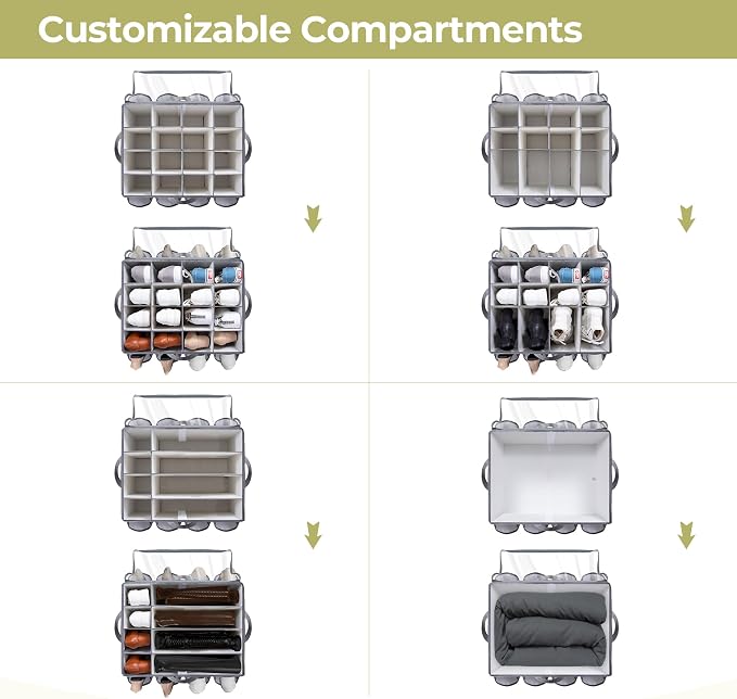 Fabric Shoe Organizer for Closet, Fits up to 24 Pairs, Foldable Shoe Storage Bin Containers with Adjustable Dividers and Clear Cover, Grey, 1 Pack