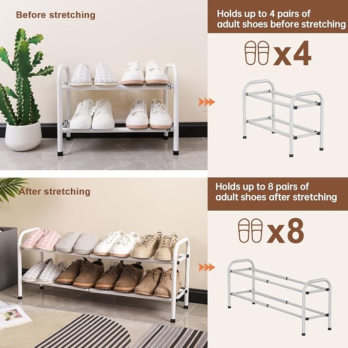 Gonfoam Shoe Rack for Closet, Expandable Shoe Organizer Storage Shelf, Adjustable Metal Free Standing Small Closet Shoe Rack for Entryway, Doorway (2-Tier White)