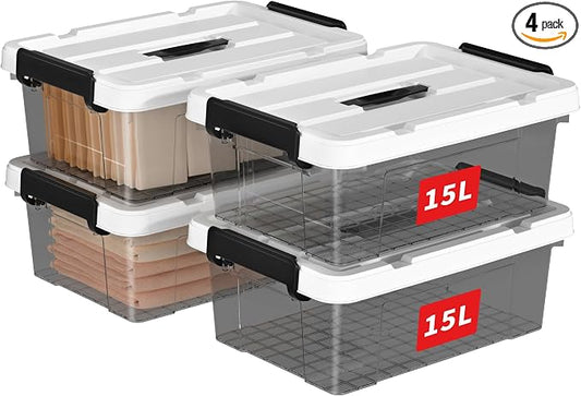 Cetomo Lidded Storage Bin with Handle, Tote Organizing Container with Durable Lid and Secure Latching Buckles, Stackable and Nestable, Plastic, 16 Quart-4 Pack, Clear Black