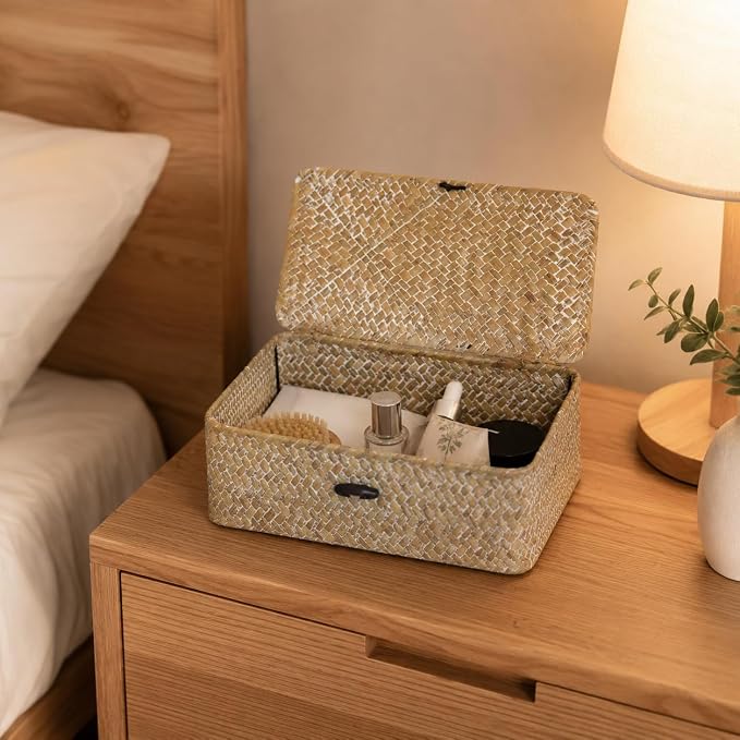 Wicker Basket with Lid, Natural Seagrass Storage Baskets for Organizing, Woven Basket for Storage, Decorative Boxes Bins with Lids Home Organizer Decor (Whitewash, 9.05" x 5.11" x 3.34")