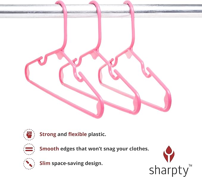 Sharpty Kids Plastic Hangers, Children's Hangers for Baby, Toddler, and Child Clothes - Everyday Standard Use - Ideal for Boys and Girls Closet, Clothing, Pants, Coats, and More - Pink, 60 Pack