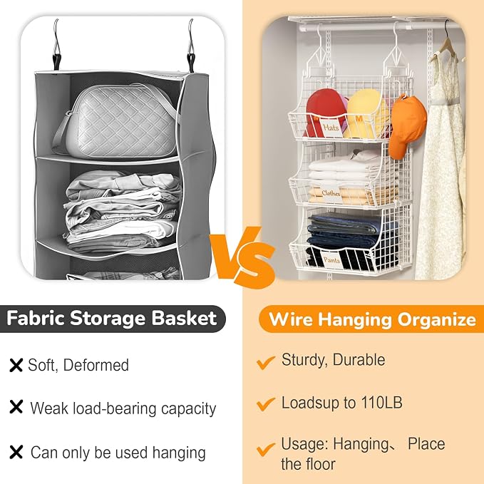 Hanging Closet Organizers and Storage, 6 Tier Closet Shelf Clothes Organizer with 2 S-Hooks, Multi-Functional Iron Wire Baskets, for Clothing, Sweaters, Handbags, Hat, Canned