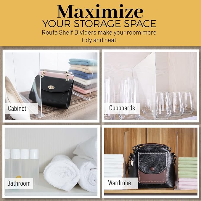 ROUFA Clear Shelf Dividers, Acrylic Closet Dividers Fit for Any Thickness of Shelves, 12pcs Multi-Purpose Wood Shelf Separators for Bedroom, Kitchen, Office, Bathroom, 11.8''x11''