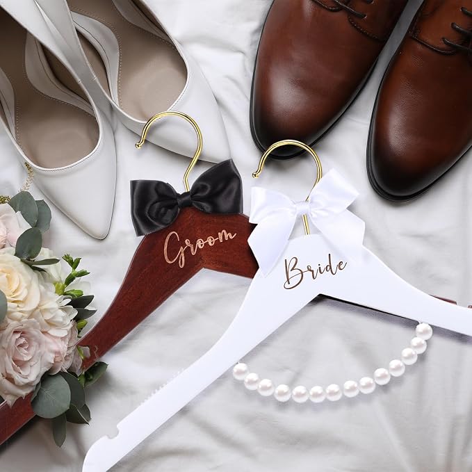 Beeveer 2 Pcs Bride Hanger for Wedding Dress Bride and Groom Wooden Wedding Dress Hanger Set with Bow Tie for Tuxedo Suit Gift Bridal Party Shower