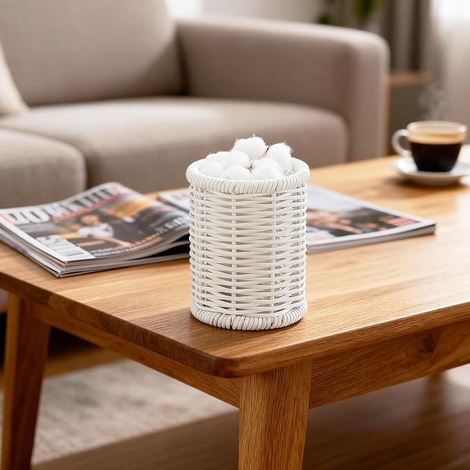 Rattan Jars, Cotton Pad Floss Jar Bathroom Vanity Desk Storage | Hand tight woven solid structure, lightweight & sturdy,Waterproof, easy wipe & rinse clean,fit vanity countertop & washstand