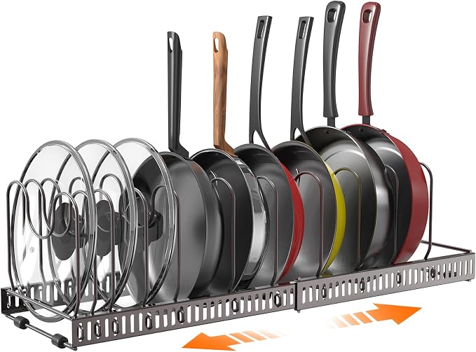 Puricon Expandable Pot and Pan Organizer for Cabinet with 10 Dividers, Adjustable Pots and Pans Organizer Rack Pan Lid Cookware Bakeware Baking Storage Holder for Kitchen Countertop Pantry -Bronze | 10 Dividers, Adjustable, Lid Cookware Bakeware Baking...