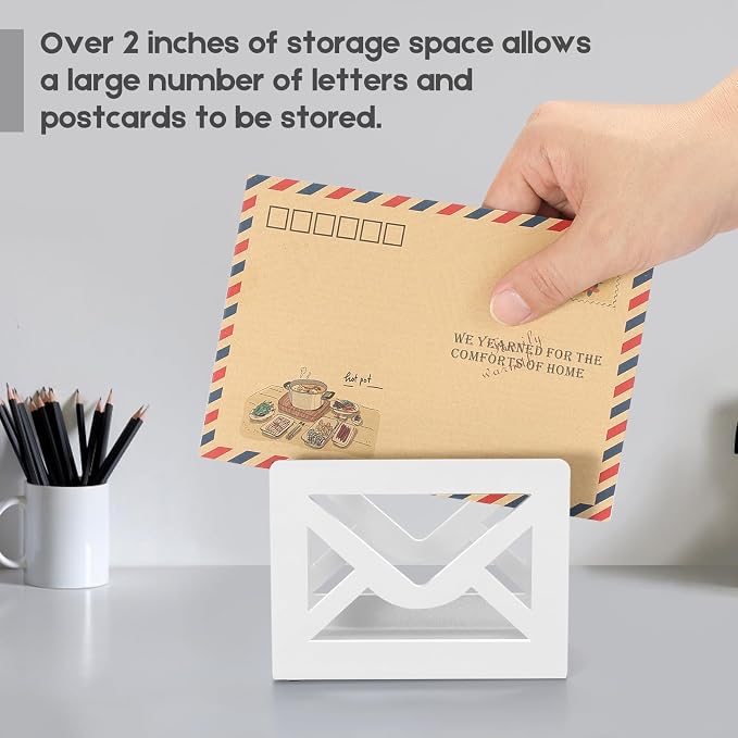 Desktop Metal Mail Holder,Letter Organizer for Desk (White) | Modern,Cutout Envelope Design,Envelope and Document Storage Rack for Home and Office