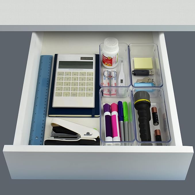 Acrimet Drawer Organizer Modular, Box Tray Storage Bins for Office, Home, Makeup, Kitchen, Junk Drawer ( 4 Pieces) (Clear Crystal Plastic)