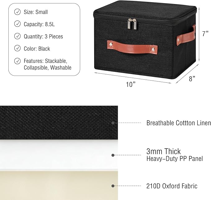 3PCS Storage Bins Boxes with Zippered Lids Cotton Linen Fabric Decorative Basket PU Leather Handles PP Plastic Board Foldable Lidded Clothing Shelf Closet Organizer Container (Black, Small)