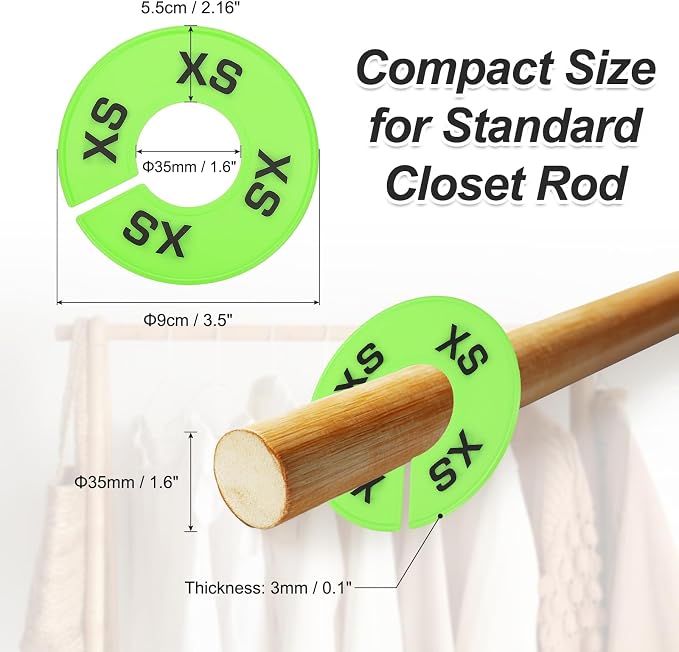 PATIKIL Clothes Dividers for Hanging Clothes, 40 Pack 8 Sizes Round Pre-written Clothing Rack Dividers Size Mark Label Sorting Separator for Closet, Green