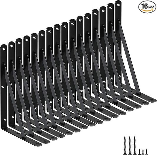 16 Pack L11 x H 8" Black Heavy Duty Shelf Brackets with Screws Metal Shelf Brackets Shelf Support Angle Brackets for Shelves L Brackets Heavy Duty Floating Shelf