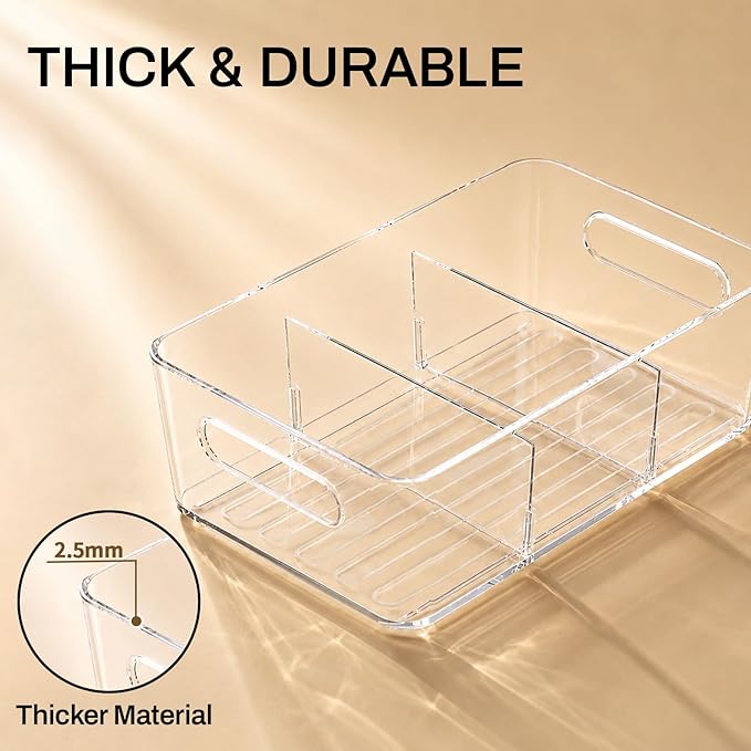 Mpotmiy 4 Pack Clear Pantry Organizers and Storage Bins with Divider, Transparent Plastic Basket, Refrigerator and Fridge Bins