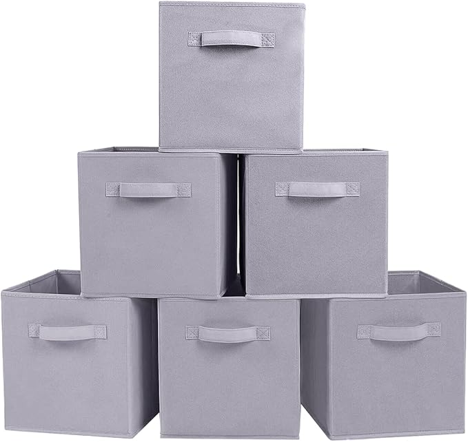 PowerKing Collapsible Storage Cubes with Handles, Fabric Foldable Bins for Closet Shelves, Durable Organization Storage Bins, 10.5'' x 11'' x 10.5'', 6 Pack, Light Grey