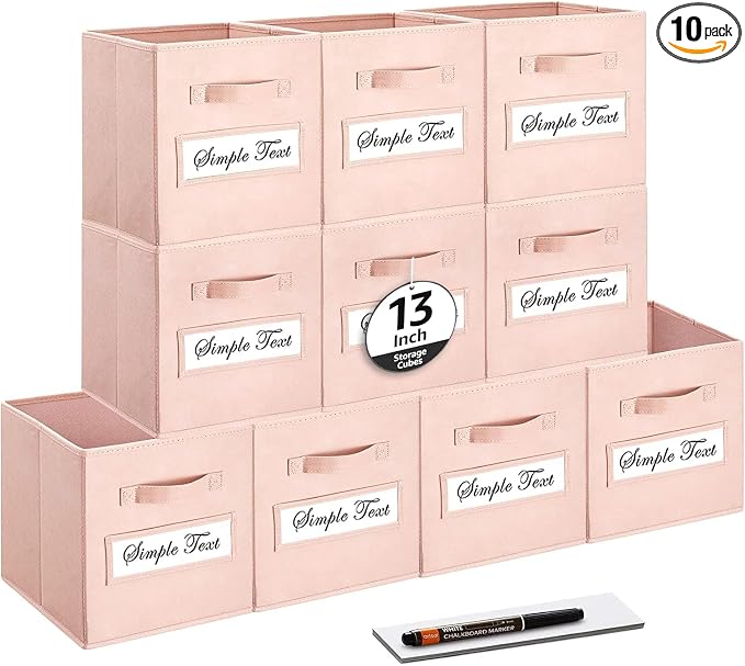 13x13x13 storage cube bins(Set of 10) Fabric storage cubes with 10 Labels Window Cards & a Pen, storage cubes 13x13, Collapsible 13 inch cube storage bins, Cubby Organizer Boxes, Pink