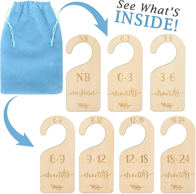 Whaline Wooden Baby Closet Size Dividers Set of 7 Wardrobe Hanger Organizer from Newborn to 24 Month Nursery Decor Dividers with Blue Velvet Bag Design for Home Nursery Infant Baby Clothes