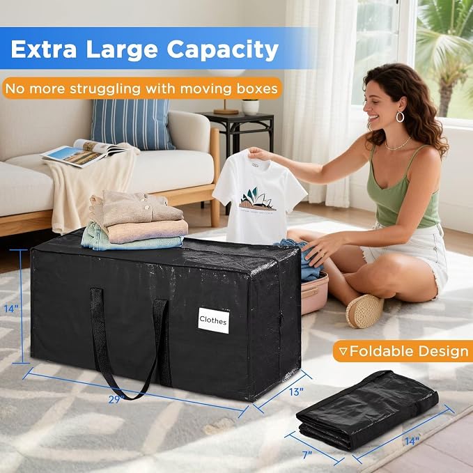 BETU 4 Pack Moving Bags Moving Storage College Dorm Camping Packing Travel PE Heavy Duty, Sturdy Handle, Zipper Large Storage Tote Bag Moving Boxes Box Alternative - Black 29L x 14W x 13H