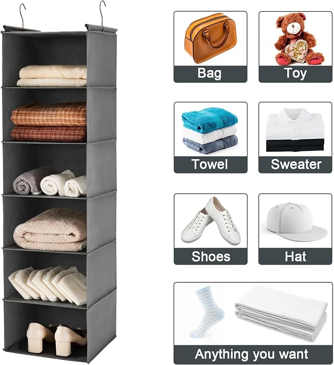 MAX Houser 6 Tier Shelf Hanging Closet Organizer, Closet Hanging Shelf with 2 Sturdy Hooks for Storage, Foldable (Grey)