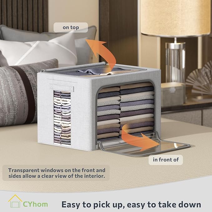 CYhom Clothes Storage Bins Box - Foldable Stackable Container Organizer Set with Clear Window & Carry Handles & Metal Frame - 2Pack Large Capacity for Bedding, Blankets, Books