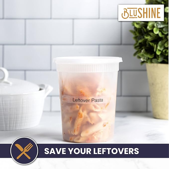 BluShine Deli Containers with Lids, Plastic Food Storage Containers | 32 oz, 24 sets Plastic Deli Food Storage Containers with Airtight Leak Proof Lids, Reusable, Microwave and Freezer Safe