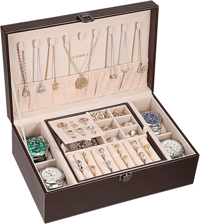 LANDICI Jewelry Box Organizer for Men Women, 2 Layer 4 Slot Watch Storage Case with Removable Tray, PU Leather Large Jewellery Holder Display for Watches Sunglasses Rings Earrings Necklace, Coffee