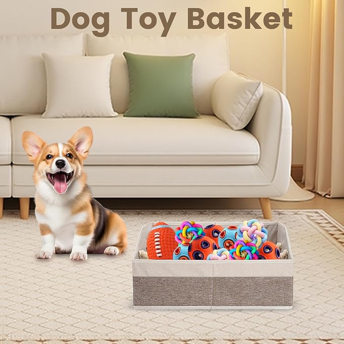 Large Dog Toy Basket with Handle, Foldable Dog Toy Box for Living Room Area , 20" Basket for Dog's Supplies, Organizer and Storage with Hard Board, Anti-Slip for Pet Toys (Brown, Medium 20"×15")