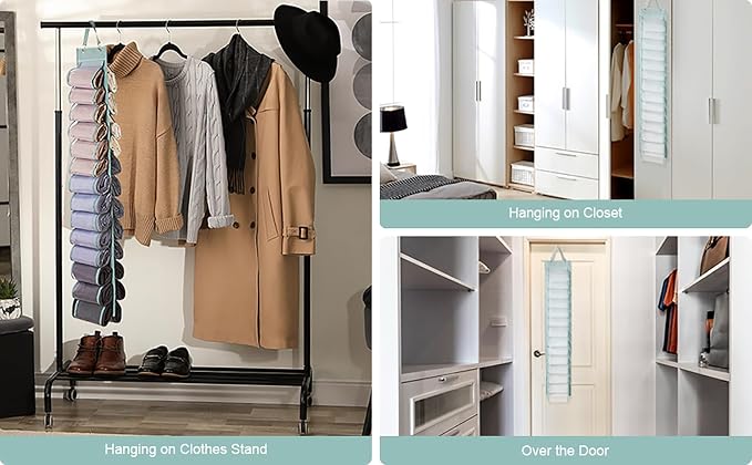 DHSFKBE Legging Organizer Storage, T-Shirt Hanging Closet Hanging Clothes Organizer with 26 Roll Compartments for Yoga Pants, Tank Top, Towel, Underwear, Shirt (Grey)