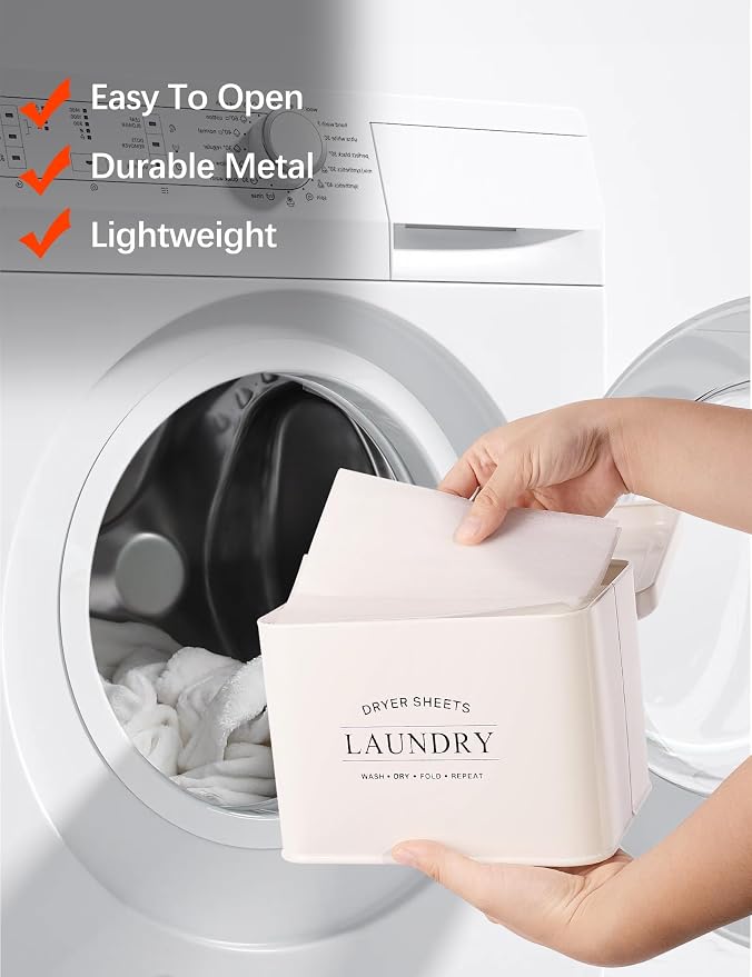 Dryer Sheet Holder with Hinged Lid for Laundry Room Organization, Metal Farmhouse Dryer Sheet Container, Laundry Room Decor and Accessories (Cream)