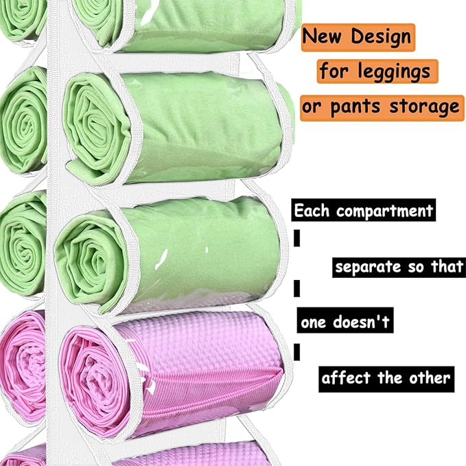 Legging Storage Bag Hanger - Can Hold 24 Leggings, Shirts or Jeans - Foldable Clothes Organizer, Portable Closet Roll Holder (White)