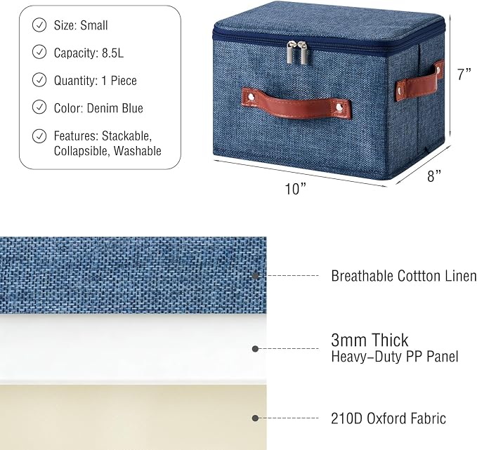 Storage Bin Box with Zippered Lid Cotton Linen Fabric Decorative Basket PU Leather Handles PP Plastic Board Foldable Lidded Clothing Shelf Closet Organizer Container (Denim Blue, Small)