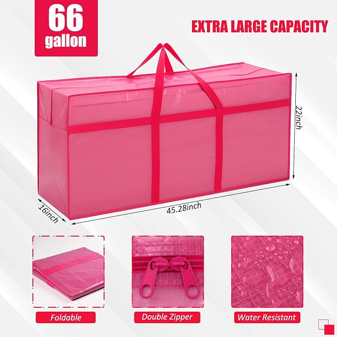 4 Pcs 66 Gallon Extra Large Moving Bags Heavy Duty Storage Bag with Strong Zipper Handle Foldable XXL Jumbo Storage Tote Packing Moving Box for College Dorm Travel Cloth Duffle (Jelly Pink)