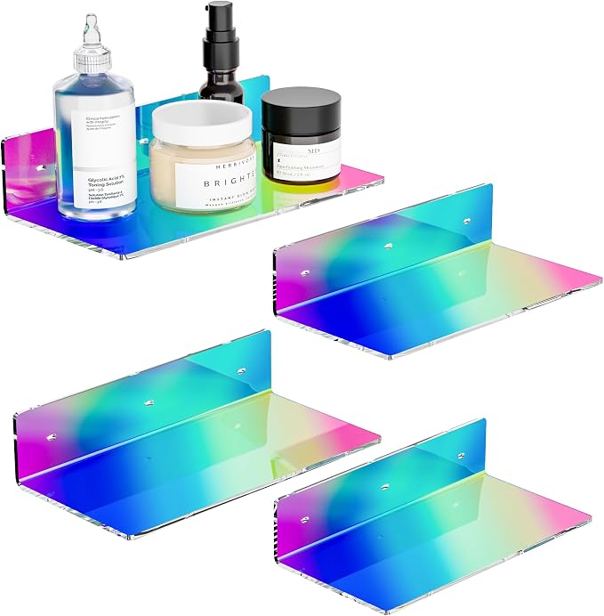Sezanrpt 12 Inches Iridescent Wall Shelves, Moisture-Proof Acrylic Organizer Shelves for Bathroom, Bedroom, Living Room, Retail, 4 Pack