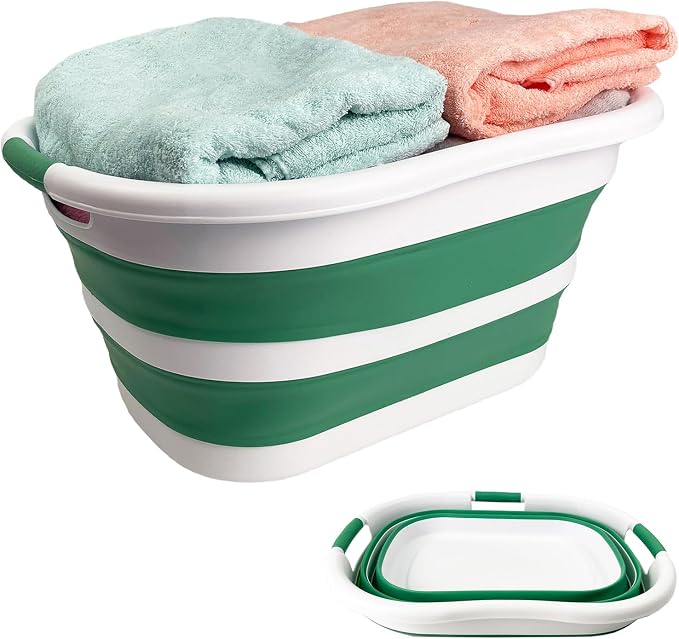 SAMMART 40L (10.5 gallon) Collapsible Plastic Laundry Hamper - Foldable Pop Up Storage Container/Organizer - Portable Washing Tub - Space Saving Basket (1, White/Winter Green)