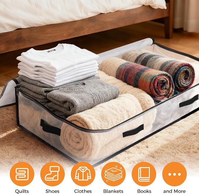 8 Pack Under Bed Storage Bags, 90L Foldable Clear Storage Containers with Handles, Dual Zippers for Comforter, Clothes, Bedding, Linen Sheets, Sweaters, Blanket Storage