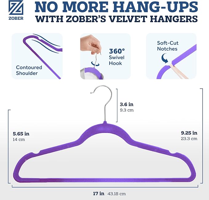 ZOBER Purple Velvet Hangers 50 Pack - Clothes Hangers, Coat Hanger for Pants & Dress Clothes - Non Slip w/ 360 Degree Swivel, Holds up to 10 lbs - Strong Felt Hanger for Clothing